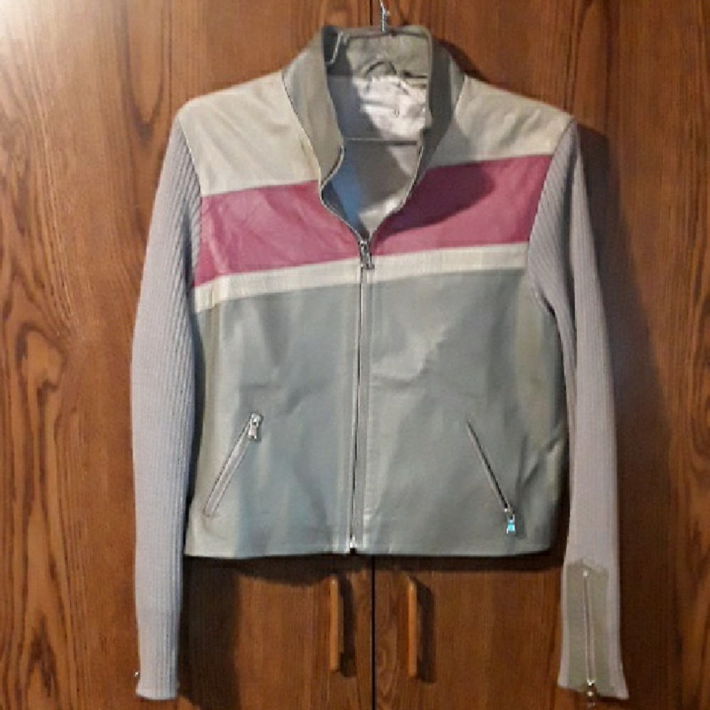 Gray and Pink Leather Jacket with Color-Block Design